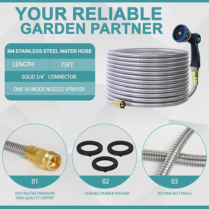 75FT Garden Hose, 304 Stainless Steel Water Hose, Flexible with a 10-Mode Nozzle Sprayer, No Kink, Lightweight, Puncture Proof, Ideal for Yard, Lawn, Outdoor, 5/8'' Outside Diameter