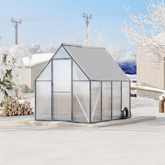 Aluminum Polycarbonate Greenhouse for Outdoors, Large Walk-InGreenhouse With Quick Setup Structure and Roof Vent, Greenhouse With Ventilation