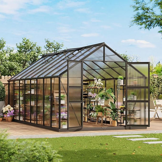 8x16 FT Polycarbonate Greenhouse,Large Walk-in SturdyOutdoor Aluminum Frame Greenhouse with Roof Vent, Lockable Push Door,for Garden, Backyard, Patio & Lawn(Black)