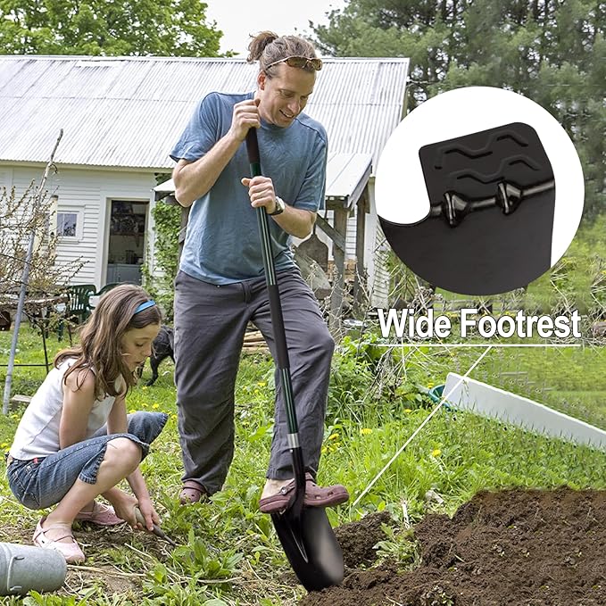 Heavy Duty Gardening Shovel, 56 Inch Round Blade with Fiberglass Handle (Green)