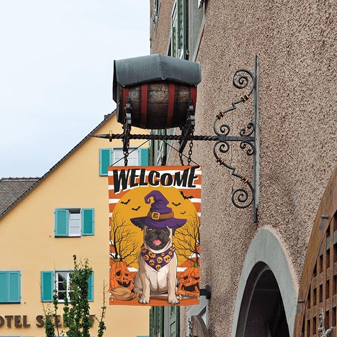 Halloween Pug Dog Pumpkin Bat Skull Garden Flag Welcome Party Outdoor Outside Decorations Picks Home House Garden Yard Decor 12x18 Inch