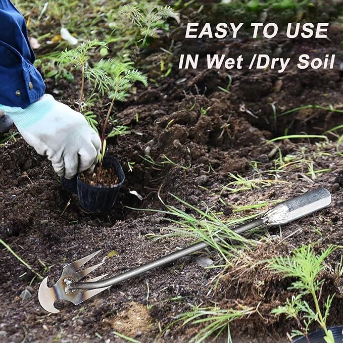 Weeding Artifact Uprooting Weeding Tool Gardening,15.7in Weed Puller Tool,4 Teethes Manganese Steel Weed Puller Garden Hand Manual Weeder Tools, Weed Picker Grass Remover Tool (Silver)