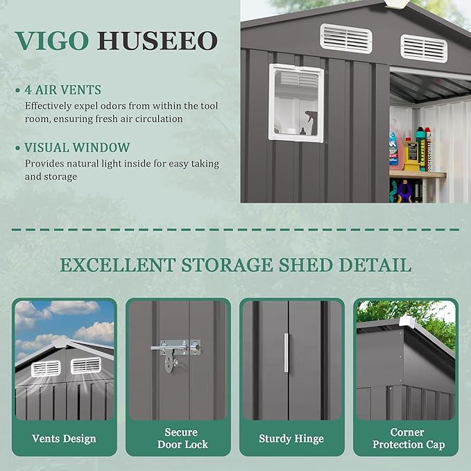 6x3.6FT Outdoor Storage Shed, Galvanized Steel Garden Shed with Lockable Door & Window, Waterproof Metal Tool Storage for Garden, Backyard, Patio, Lawn(Peak Roof)
