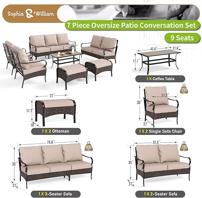 Sophia & William Patio Furniture Set, Outdoor Metal Conversation Set 9 Seats with 3-Seater Sofa, 2 Fix Chairs, 1 Loveseat, 2 Ottoman, 1 Coffee Table for Seating, Lawn Porch Backyard,Beige