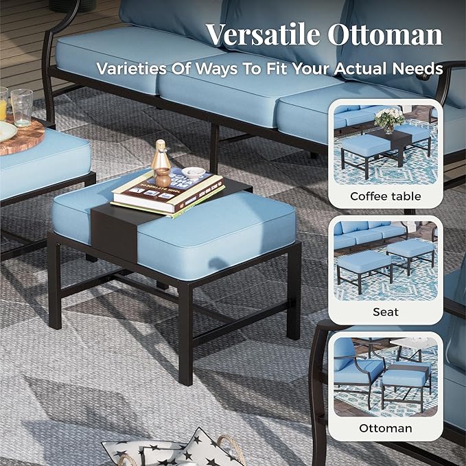 Patio Furniture Set 7 pcs, Outdoor Patio Furniture, 3-Seat Sofa, 4 Single Chairs, 2 Ottomans and 5.75" Extra Thick Cushion, Patio Conversation Set for Garden Backyard Deck,Blue