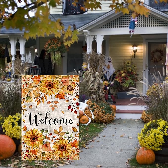 Fall Garden Flag 12 x 18 Inch Double Sided Welcome Sunflower Maple Leaves Designs Autumn Burlap Yard Flag for Outside Rustic Yard Outdoor Holiday Home Decoration