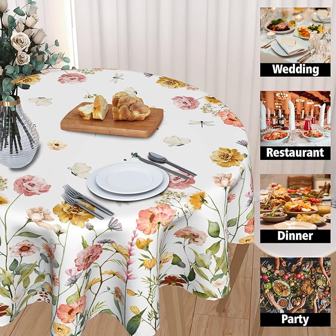 Summer Wildflower Round Tablecloth 60 Inch, Watercolor Floral Leaf Butterfly Table Cloth Rustic Vintage Farmhouse Polyester Cover for Dining Kitchen Room Outdoor Picnic Camping Party Holiday Decor