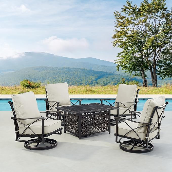 Oakland Living AHRI-4CH-CABOS-LGCU-AC Black Aluminum Patio Fire Table Set with Four Club Chairs, Antique Copper