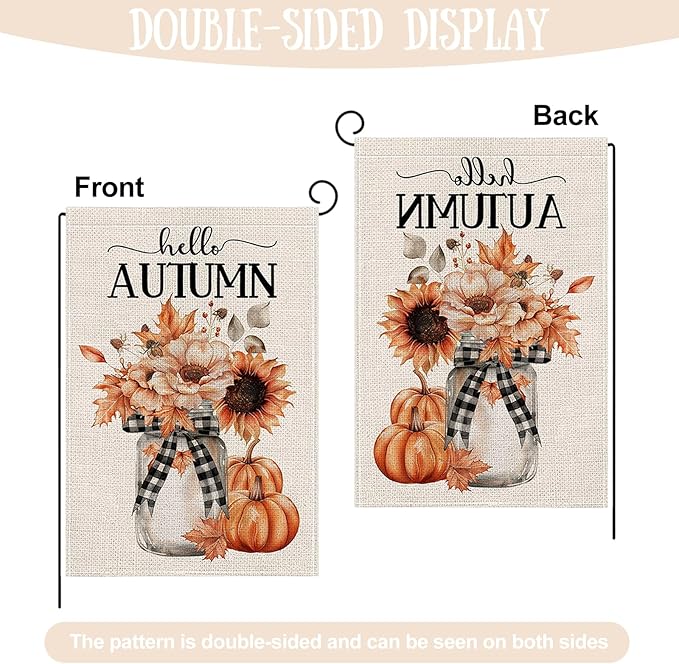 Fall Garden Flag 12 x 18 Inch Double Sided Hello Pumpkin Sunflower Maple Leaves Designs Autumn Burlap Yard Flag for Outside Rustic Yard Outdoor Holiday Home Decoration