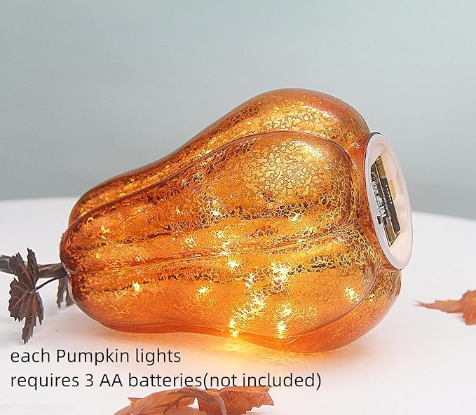 Mercury Glass Pumpkin Lights with Timer, Battery Operated Led Pumpkin Lights for Halloween Fall,Thanksgiving Rustic Decor (Gold Leafy, 11")