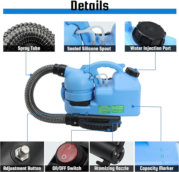7L (1.85 Gallon) Electric ULV Fogger Machine, Portable Fogger Sprayer Machine Electric Atomizer Ultra Low Volume Sprayer for Home Indoor and Outdoor Cleaning Spraying Use, 1 Pack
