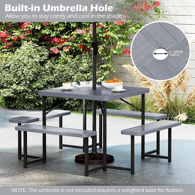 Tangkula 8 Person Picnic Table, HDPE Outdoor Square Table and Bench Set with 4 Built-in Benches, Umbrella Hole, Metal Frame for Garden Yard Patio Lawn