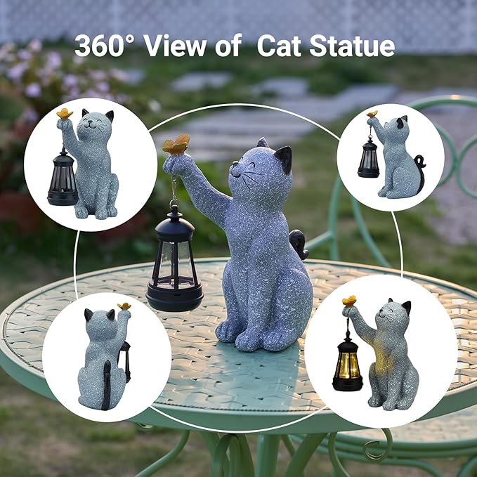 Solar Cat Garden Statue Outdoor Decor, Cat Sculpture with Lantern and Butterfly for Yard Lawn Patio Balcony, Birthday Housewarming Gifts for Mom, Grandma, Women, 9.4 inch, Resin