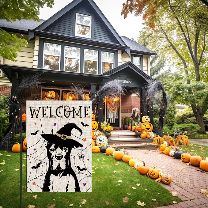 Halloween Garden Flag Great Dane Cobweb Bats Double Sided Vertical Welcome Flag Seasonal Holiday Outdoor Yard Lawn Party Decorations 12.5 x 18 Inch
