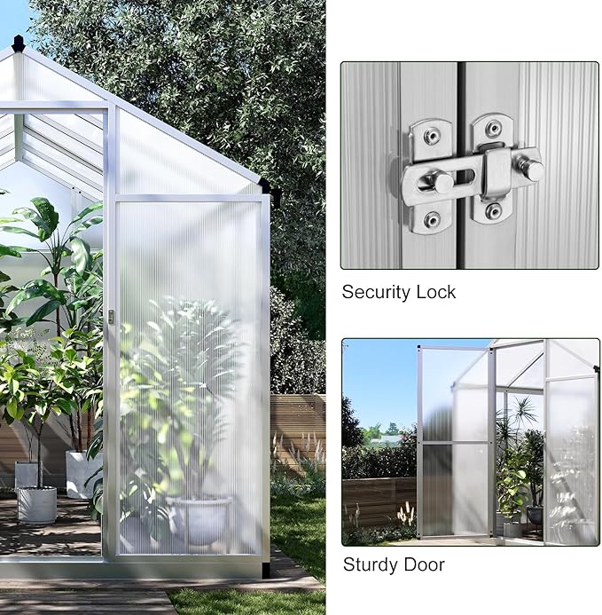 Greenhouse, 6.25x10 Ft Quick-Assembly Green House, Aerospace Aluminum & Shatterproof Polycarbonate with 24" x 23"Roof Vent for Patio/Garden (Silver, 10'D x 6.25'W)