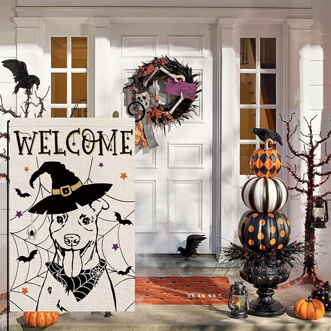 Halloween Garden Flag Pitbull Cobweb Bats Double Sided Vertical Welcome Flag Seasonal Holiday Outdoor Yard Lawn Party Decorations 12.5 x 18 Inch