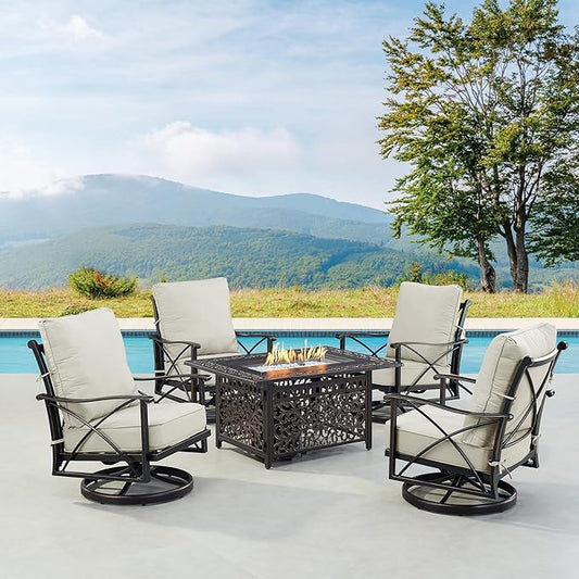 Oakland Living AHRI-4CH-CABOS-LGCU-AC Black Aluminum Patio Fire Table Set with Four Club Chairs, Antique Copper