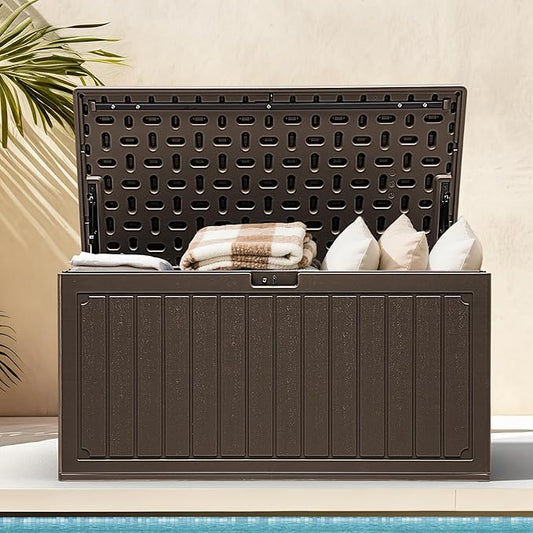 DWVO 90 Gallon Resin Outdoor Storage Box, XXL Double-Wall Waterproof Deck Box, Doubles as Table or Seating with 450 lbs Capacity, Lockable (Brown)