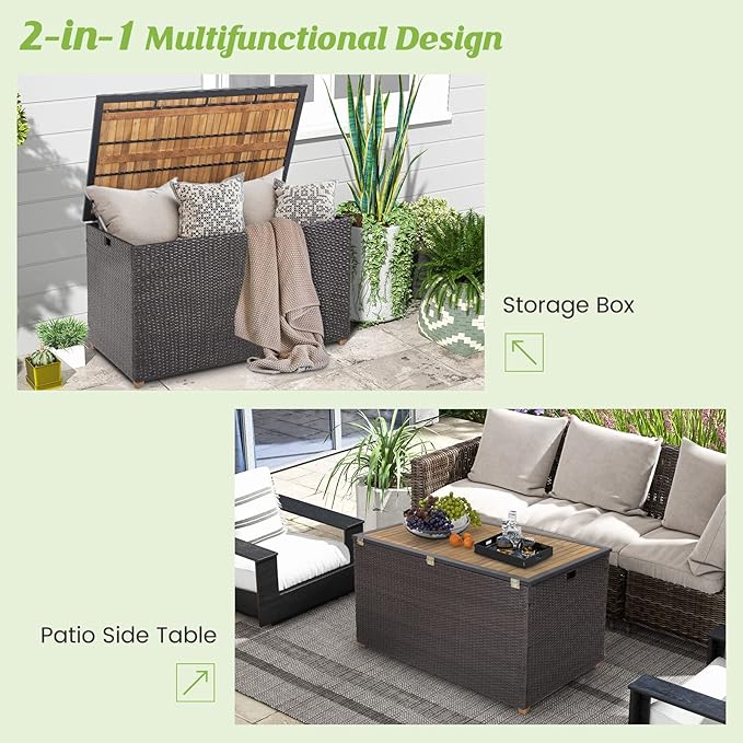 HAPPYGRILL 134 Gallon Rattan Deck Box, Patio Wicker Storage Box with Zippered Liner, Solid Acacia Wood Top & Feet, Effort-Saving Pneumatic Rod, Outdoor Storage Container for Porch Backyard
