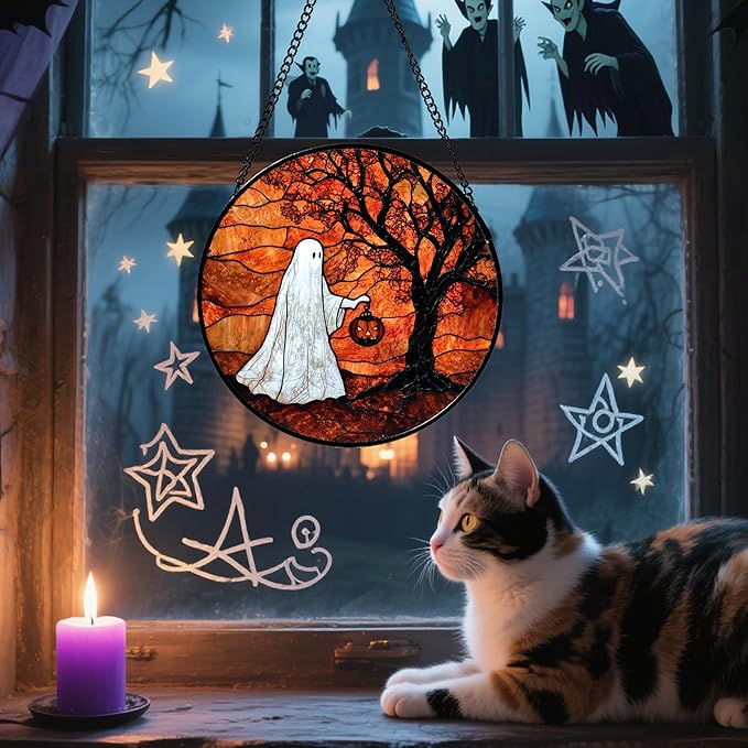 Stained Glass Window Hanging - Halloween Ghost Holding A Pumpkin Lantern Suncatcher for Door Garden Spooky Tree Sun Catchers Gothic Decorations Horror Gifts for Women Men Friend 15 in