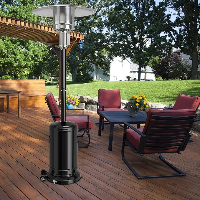 COSTWAY Outdoor Patio Heater, 50000 BTU Propane Heater with Stainless Steel Burner and Wheels, Triple Protection System, Standing Portable Outside Heater for Porch, Deck, Home and Commercial, Black