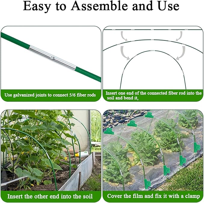 Garden Hoops for Raised Beds 60Pcs Greenhouse Hoops 10 Sets of 8.5FT Long Greenhouse Hoops Grow Tunnel Fiberglass Support Hoops Frame with 40Pcs Clips, Plant DIY Support Hoops for Outdoor Plant