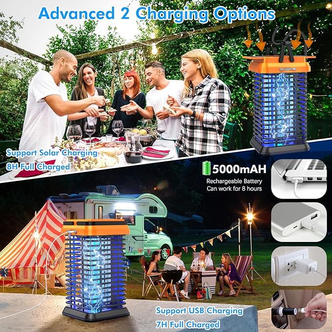 Rechargeable Solar Bug Zapper Outdoor & Indoor, Mosquito Fruit Fly Trap, Gnat Moths Catcher, 4200V Grid, USB Charging, 5000mAh Battery, Fit for Home, Kitchen, Backyard, Camping, Patio