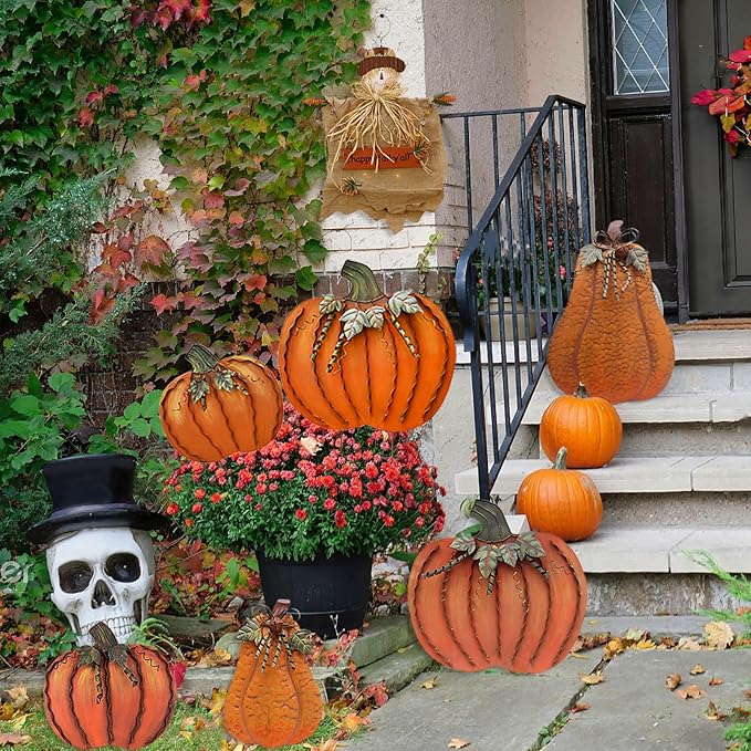 Metal Pumpkin Garden Stakes - Autumn Decorative Yard Signs - Indoor Outdoor Plant Flower Stake Fall Lawn Ornaments Pumpkin Decoration for Harvest Halloween (17.5"+26"-A)