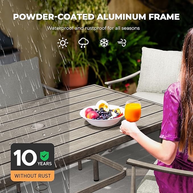 HAPPATIO 7-Piece Outdoor Dining Set for 6, Aluminum Patio Dining Set Includes 6 Dining Chairs and 1 Large Rectangular Table with Umbrella Hole, Patio Furniture Set for Lawn, Porch, Backyard, Grey