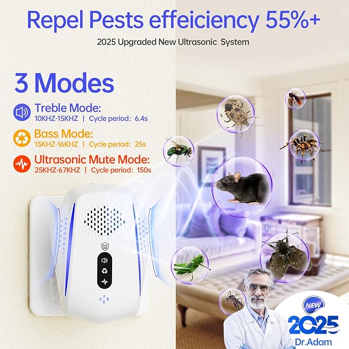 Ultrasonic Pest Control Repeller, 2025 Upgraded Ultrasonic System Mouse Traps Spider Mice Roach Bug Repellent Indoor Rodent Repellent Plug in, Mouse Deterrent for Home Kitchen Garage Warehouse