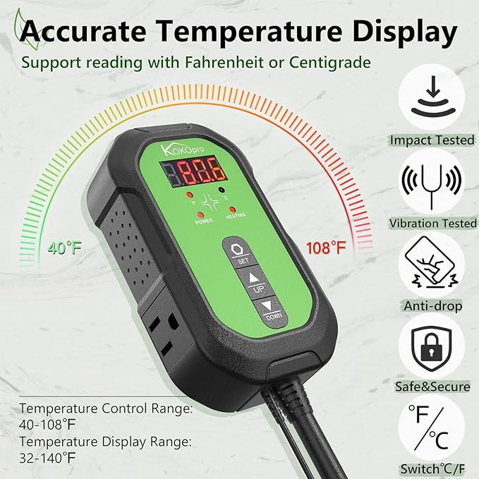 Digital Heat Mat Thermostat Controller for Seed Germination, Reptiles and Brewing Breeding Incubation Greenhouse, 40–108 ºF 1000W for Seedlings, Germination, Incubation and Fermentation