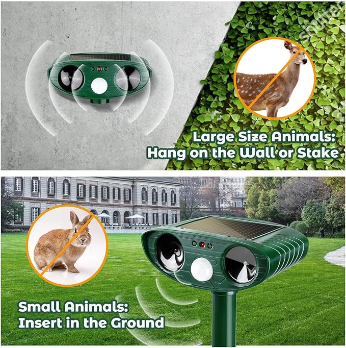 4 Pack Solar Ultrasonic Animal Repellent Deer Repellent Devices Cat Repellent Outdoor Animal Deterrent to Scare Rabbit Dog Raccoon with Motion Detection Waterproof for Yard Garden