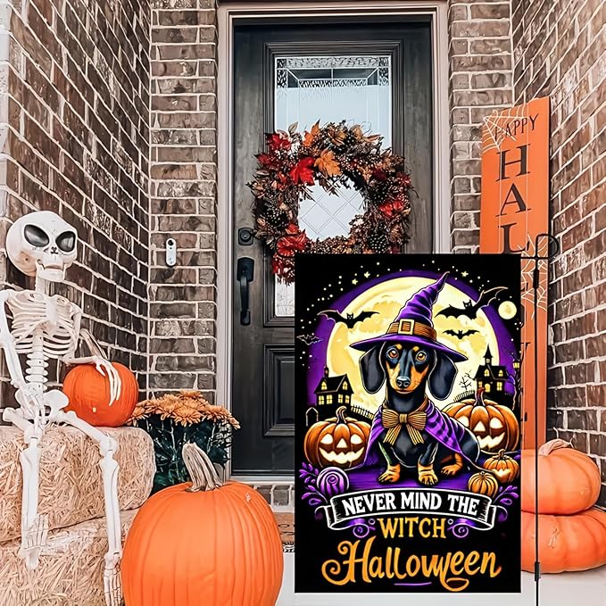 Witch Halloween Garden Flag 12 x 18 Double-Sided Witch Hat Dachshund Dog Garden Flag Fall Pumpkins Seasonal Holiday Outdoor Yard Flag Lawn Party Decorations Banner