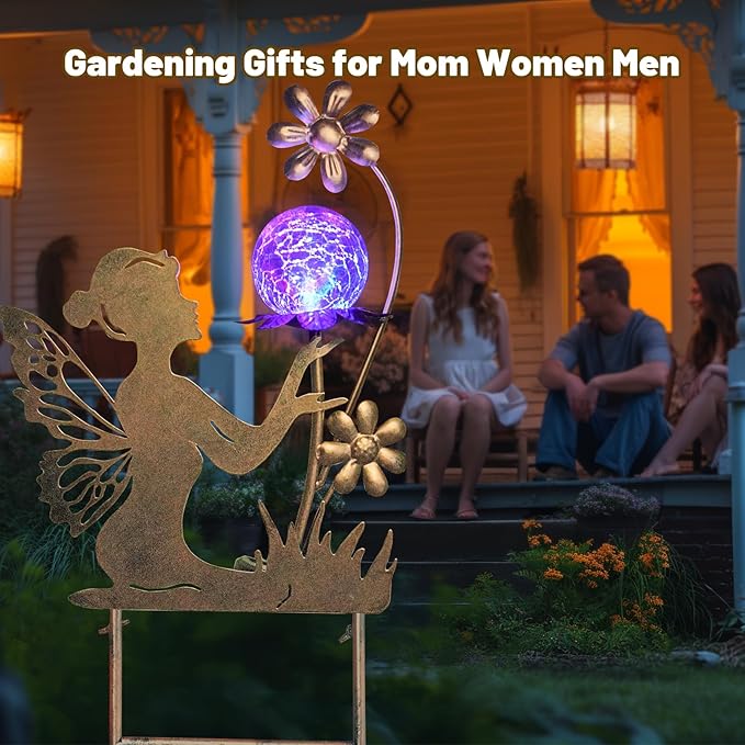HONGLAND Fairy Garden Accesorries Solar Lights Garden Decor for Outside, Fairy Figurine Moon Lights Stake Housewarming Gifts for Patio Lawn Yard Pathway- Unique Gardening Gifts for Women Mom Grandma