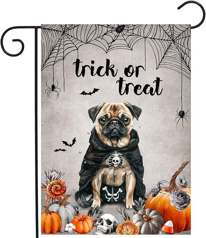 Halloween Pug Garden Flag Trick or Treat Yard Flag Ghost Dog Garden Flags for Outside 12x18 Double Sided Small Dachshund Skeleton Halloween Decor Outdoor Lawn Welcome Flag