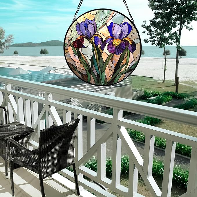 Stained Glass Window Hanging, Purple Blue Iris Birth Flower Suncatcher for Doors Garden Yard Sun Catchers Decor Christmas Mother's Day Birthday Gifts for Teacher Women Mom Nana Wife 6.3 in
