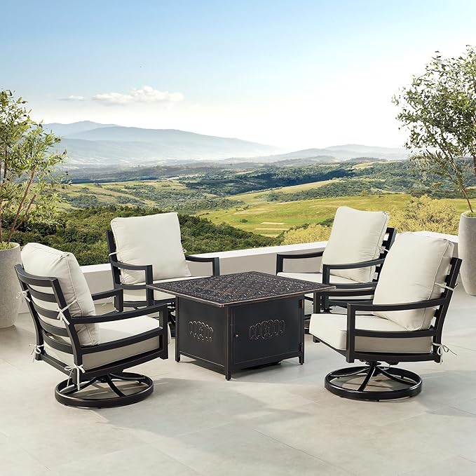 Oakland Living Black Aluminum Patio Fire Table Set with Four Club Chairs with Light Grey Cushions