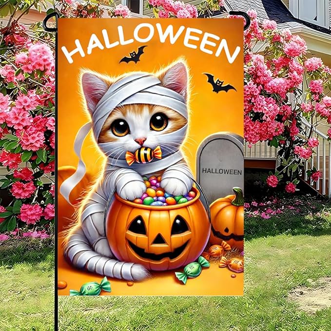Halloween Garden Flag 11.81 x 17.72 Inch Cute Kitten in Mummy Costume with Pumpkin Candy Bucket Bats and Gravestone Outdoor Yard Decoration for Holiday Party