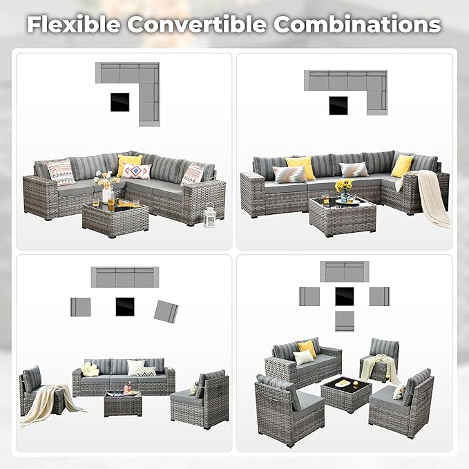 ovios 6 Pieces Patio Furniture Set, Outdoor Wicker Sectional Sofa with Glass Table Comfy Cushions, Modern Modular Deep Seat Couch Rattan Conversation Set, Dark Gray Stripe