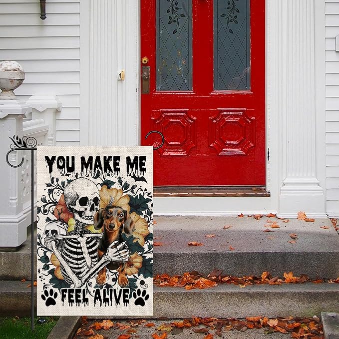 Halloween Garden Flag Skeleton and His Dachshund Vertical Double Sided Flags for Holiday Farmhouse Patio Yard Outdoor Party Decor Decorations Gifts - 12.5 x 18 Inch