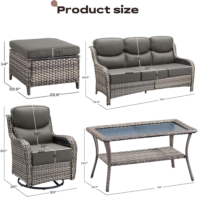 Wicker Outdoor Patio Furniture Set - 6 Piece Patio Conversation Sets with Swivel Rocker Chairs, Ottomans, Sofa and Table, 6 inch Cushions, Deep Seating, for Porch Deck Mixed Grey/Grey