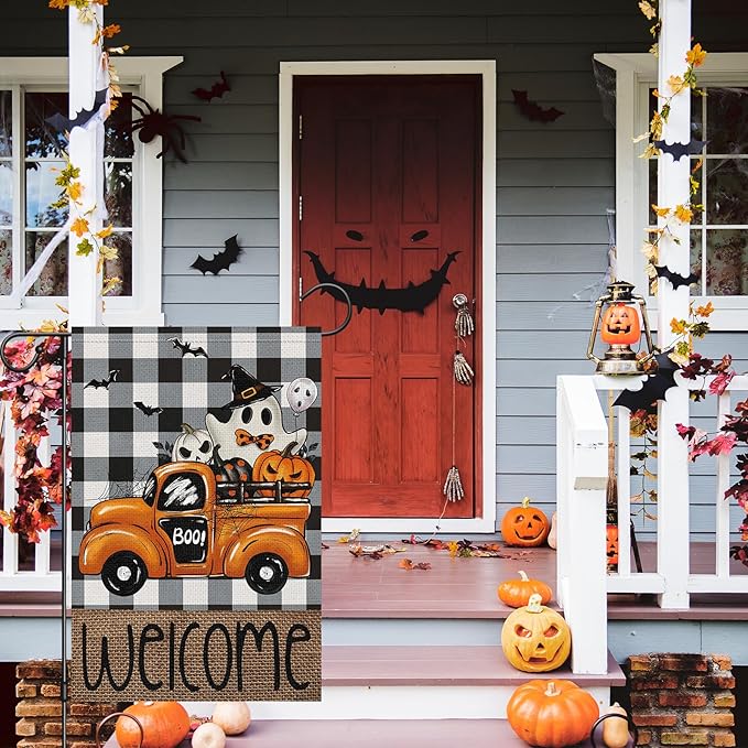 Welcome Halloween Garden Flag 12x18 Inch Double Sided for Outside，Buffalo Plaid Rustic Ghost Pumpkin Truck Flag Farmhouse Yard Outdoor Decoration