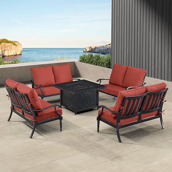 Oakland Living Black Aluminum Patio Fire Table Set with Four Deep Seating Loveseat with Cushions with Red Cushions