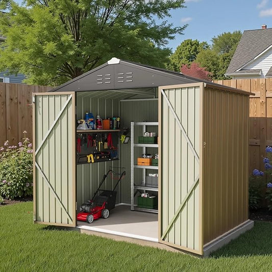 Greesum 8×6FT Outdoor Storage Shed, Metal Patio Storaged Sheds with Lockable Doors, Sheds & Outdoor Storage for Bike, Backyard, Pool and Garden, Brown