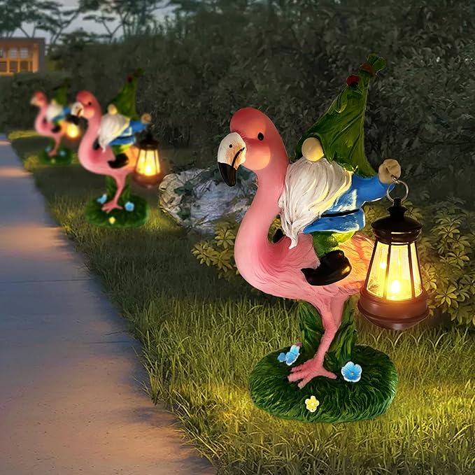 Gnomes Flamingo with Solar Lantern, Whimsical Decor for Garden, Yard, Patio, Lawn, LED Lights - Unique Gift for Women, Mom, Friends(Red Gnomes)