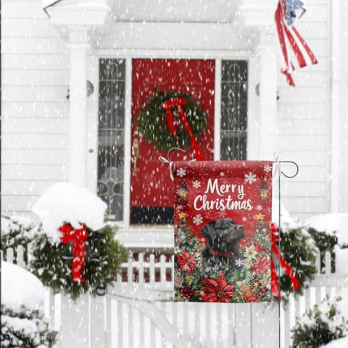 Christmas Black Lab Garden Flag Merry Christmas Labrador Dog Yard Flag for Outside Xmas Flags 12x18 Double Sided Red Poinsettia Garden Flags Winter Porch Outdoor Decor