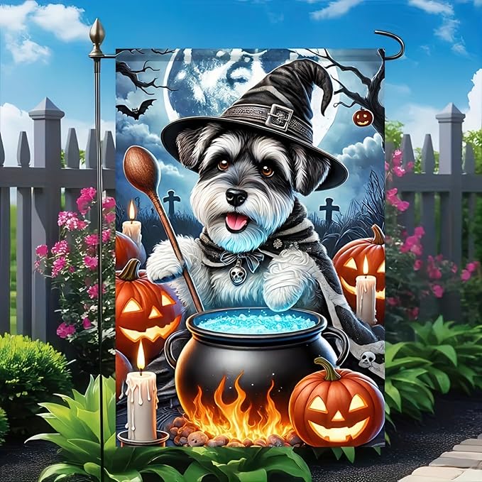 Halloween Garden Flag Double Sided 12x18 Flag Halloween Schnauzer Garden Flag Witch Pumpkin Cute Schnauzer Dog Cauldron Pumpkins Holiday Patio Wall Lawn Mail Outdoor Home Decor Banner