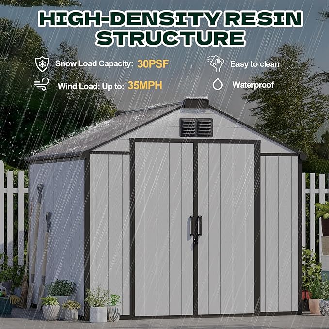 MELLCOM 8 x 8 FT Resin Storage Shed with Floor, Outdoor Storage Tool Shed with Windows and Lockable Door for Pool Supply, Bike, Lawnmower