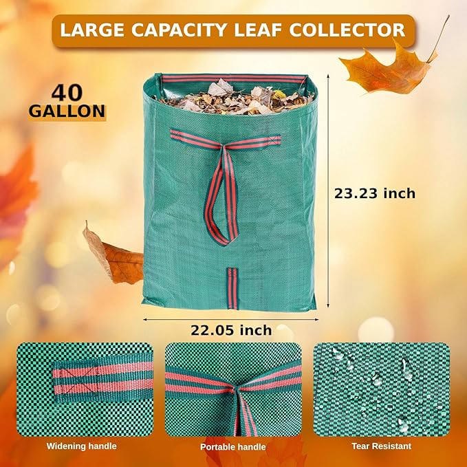 Leaf Collector Bags, Collapsible Yard Waste Bag 4-Pack – 40-Gallon Reusable Garden Bags for Leaves, Grass Clippings, Parties, Laundry & Camping (Dustpan-Type Design)