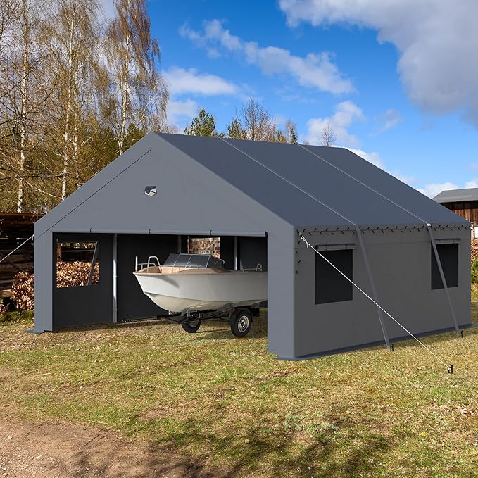 20x20 Carport, Heavy Duty Carport Canopy Garage with Removable Sidewalls and Drive Through Roll Up Zipper Doors, Grey